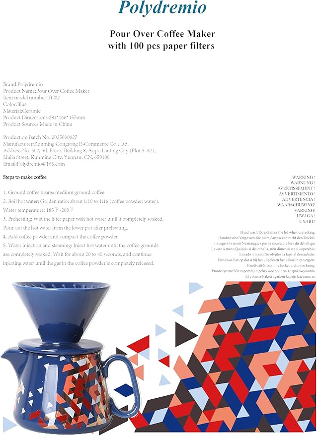 Pour Over Coffee Maker, Ceramic Coffee dripper with 100 pcs V60 Paper Filter, Ceramic coffee Server with Lid, 15.5oz/450 ml, Suitable for 1-2 people (Blue)