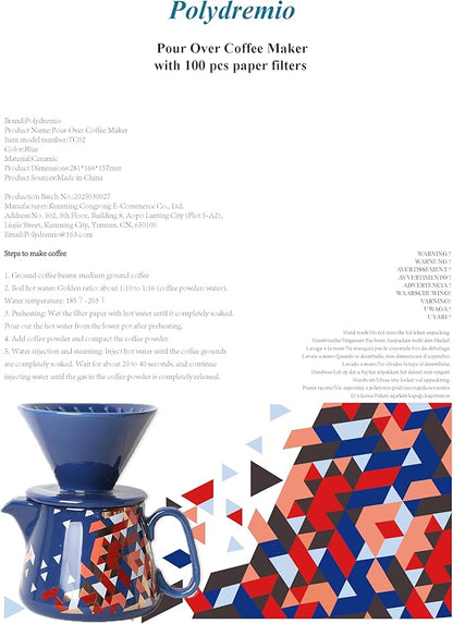 Pour Over Coffee Maker, Ceramic Coffee dripper with 100 pcs V60 Paper Filter, Ceramic coffee Server with Lid, 15.5oz/450 ml, Suitable for 1-2 people (Blue)