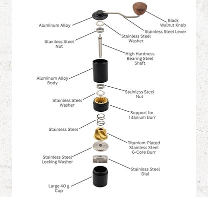 Premium Manual Coffee Grinder with Titanium-Plated Stainless Steel Burr Grinder for coffee beans, espresso, french press and moka pots by GRINDCRAFT; Large 40g capacity