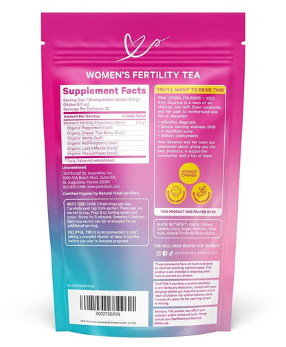Pink Stork Fertility Tea for Conception and Hormone Balance with Organic Mint, Vitex, and Red Raspberry Leaf, Caffeine Free - Mint, 15 Sachets, Hot or Iced