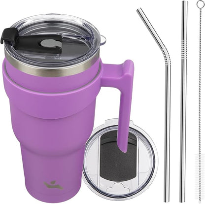 40 oz Tumbler with Handle and 2 Straw 2 Lid, Insulated Water Bottle Stainless Steel Vacuum Cup Reusable Travel Mug,Lavender