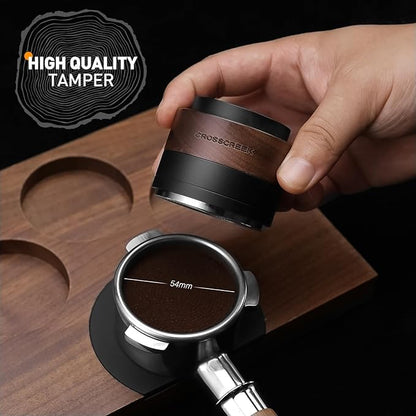 CrossCreek 54mm Espresso Tamper | Slow-Rebound Tamping Tools Fits 54mm Breville Barista Espresso Portafilter | Spiral-Pattern Base | Stainless Steel & Walnut Tamper | Espresso Machine Accessories