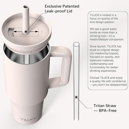 TILUCK 40 oz Tumbler with Handle, Vacuum Insulated Stainless Steel Travel Mug with 100% Leak-Proof Silicone Straw Lid, Cupholder Friendly Water Bottle(SakuraPink, 40oz)