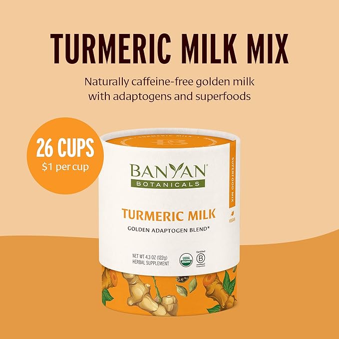 Banyan Botanicals Turmeric Milk – Organic Turmeric Latte Mix with Ashwagandha & Cardamom – Instant Caffeine Free Golden Milk with Maple Sugar – 4.3 oz, 26 servings –Non GMO Sustainably Sourced Vegan
