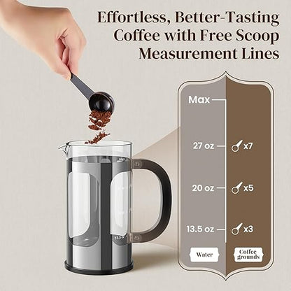 Veken French Press Coffee Maker 34oz 1 L, Heat Resistant Thickened Borosilicate Glass, No Plastic Touching Cafe, Stainless Steel Brewer, Cold Brew Cafetera Teapot for Kitchen Travel Camping, Silver