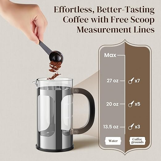 Veken French Press Coffee Maker 34oz 1 L, Heat Resistant Thickened Borosilicate Glass, No Plastic Touching Cafe, Stainless Steel Brewer, Cold Brew Cafetera Teapot for Kitchen Travel Camping, Silver
