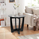 Load image into Gallery viewer, Glass End Table, 23.5" Round Side Tables with Black Tempered Glass Top Cross and Solid Wood Base Small Night Stand for Living Room Office Apartment Black