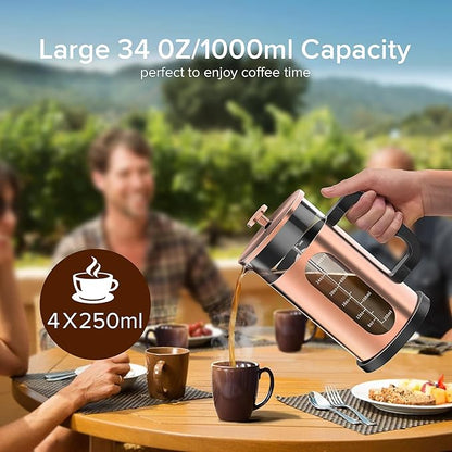 QUQIYSO French Press Coffee Maker, 304 Stainless Steel French Press with 4 Filter, Heat Resistant Borosilicate Glass, Easy to Clean, BPA Free Coffee Press Rust-Free Coffee Maker, 34 ounce, Copper