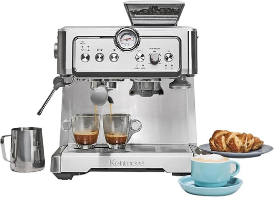 Kenmore Espresso Machine - Automatic Coffee Maker With Manual Tamper, Auto Cleaning, Milk Steamer & Frother, Bean Grinder, Make Professional Barista Style Cappuccino, Café Latte, Stainless Steel