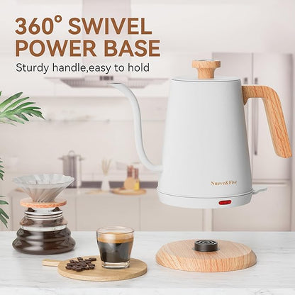 Nueve&Five Gooseneck Electric Kettle with Thermometer,Electric Tea Kettle 1L with Auto Shut-Off,1000W Hot Water Kettle of Stainless Steel for Coffee & Tea -White