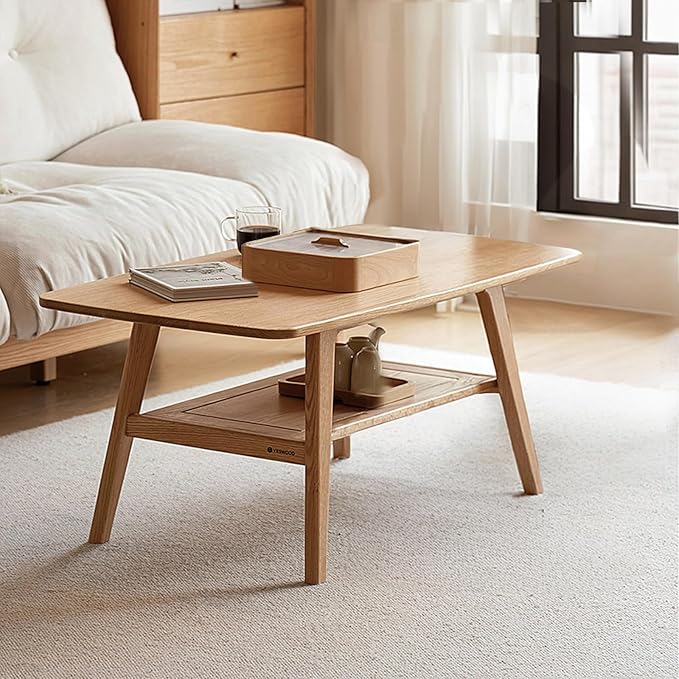 Wood Coffee Table - 2-Tier Oak Coffee Table - Modern Center Coffee Table with Storage Shelf for Living Room, Apartment, and Office