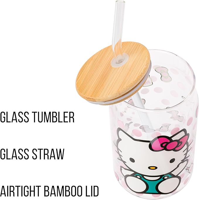 Silver Buffalo Sanrio Hello Kitty Strawberry Milk Bow Pink Polka Dot Glass Jar Tumbler with Bamboo Lid and Glass Straw, 16 Ounces