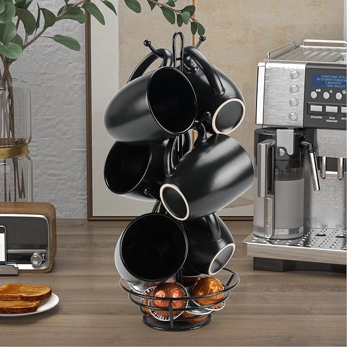 Schliersee 16 OZ Black Coffee Mugs Set of 6, Large Porcelain Mug for Cup for Latte, Hot Tea, Cappuccino, Mocha, Cocoa, Housewarming Wedding Stoneware Mug Present