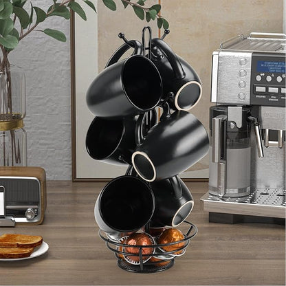 Schliersee 16 OZ Black Coffee Mugs Set of 6, Large Porcelain Mug for Cup for Latte, Hot Tea, Cappuccino, Mocha, Cocoa, Housewarming Wedding Stoneware Mug Present