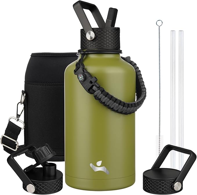 Half Gallon Insulated Water Bottle with Straw,64 oz 3 Lids Water Jug with Carrying Bag,Paracord Handle,Double Wall Vacuum Stainless Steel Metal Flask,Forest Green