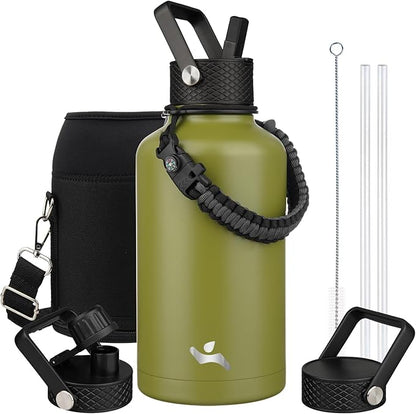 Half Gallon Insulated Water Bottle with Straw,64 oz 3 Lids Water Jug with Carrying Bag,Paracord Handle,Double Wall Vacuum Stainless Steel Metal Flask,Forest Green