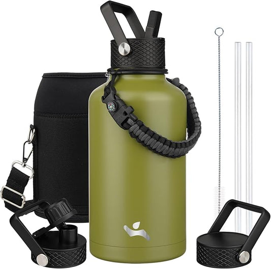 Half Gallon Insulated Water Bottle with Straw,64 oz 3 Lids Water Jug with Carrying Bag,Paracord Handle,Double Wall Vacuum Stainless Steel Metal Flask,Forest Green