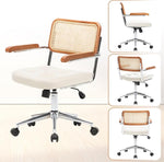 Load image into Gallery viewer, Rattan Office Chairs, Modern Rattan Desk Chair with Natural Back &amp; Wood Armrest, Small Upholstered Tufted Leather Home Office Desk Chairs for Home Office, Bedroom, Study, White