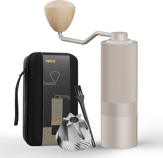 MAVO Manual Coffee Grinder, Wizard Hand Coffee Grinder, Capacity 25g with CNC Stainless Steel Hexagonal Conical Burr, Adjustable Setting, Burr Coffee Bean Grinder for French Press, Pour Over, Silver