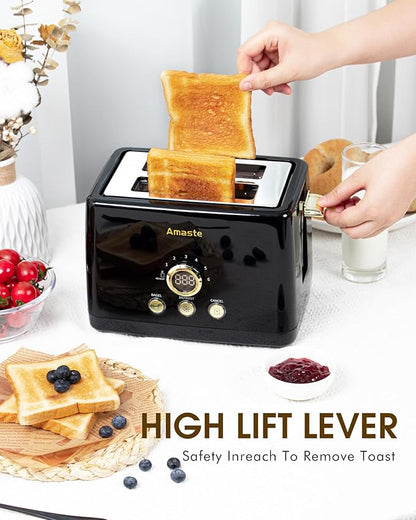 2 Slice Toaster, Retro Bread Toaster with LED Display, Extra Wide Slots Toasters with 6 Bread Shade Settings, Bagel, Cancel, Defrost Function, Stainless Steel with High Lift Lever, Removal Crumb Tray