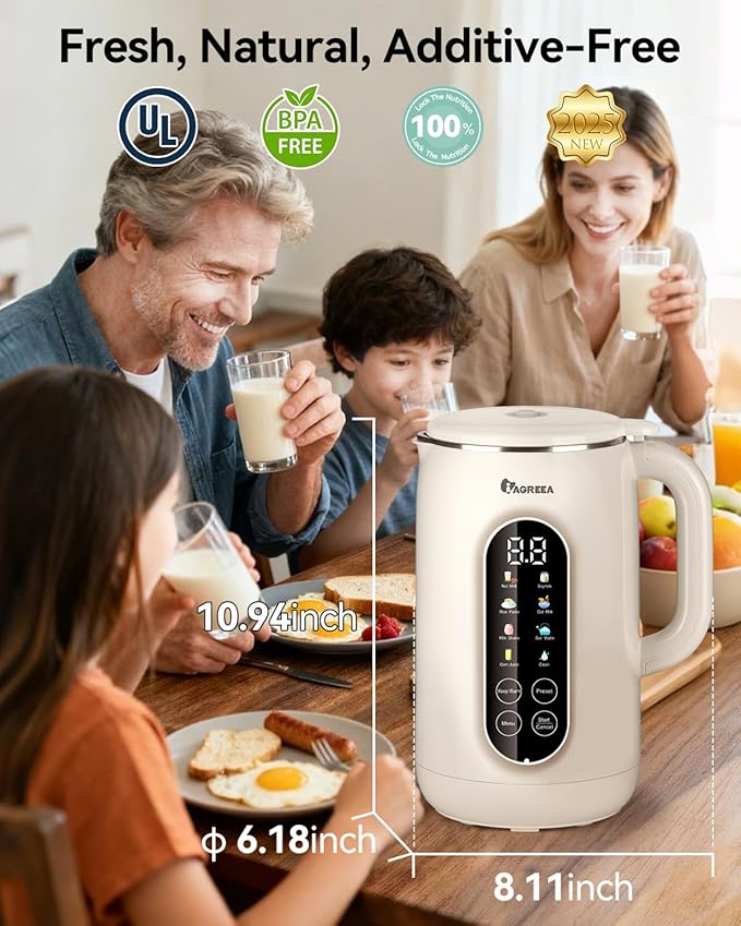 IAGREEA 8 in 1 Nut Milk Maker Machine Stainless Steel Lid BPA Free for Homemade Almond/Oat/Soymilk, 35 oz(1L) Almond Milk Maker Machine with 8 Mins Self-Cleaning, 2 hrs Keep Warm, 750W Stirring Power