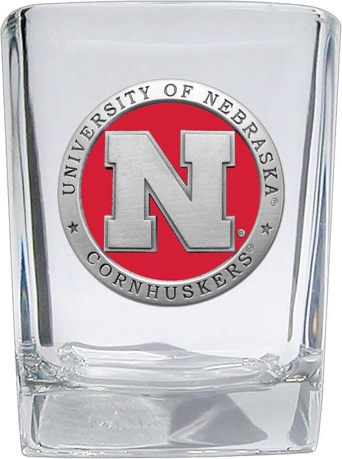 Heritage Pewter Nebraska Square Shot Glass | Hand-Sculpted 1.5 Ounce Shot Glass | Intricately Crafted Metal Pewter Alma Mater Inlay