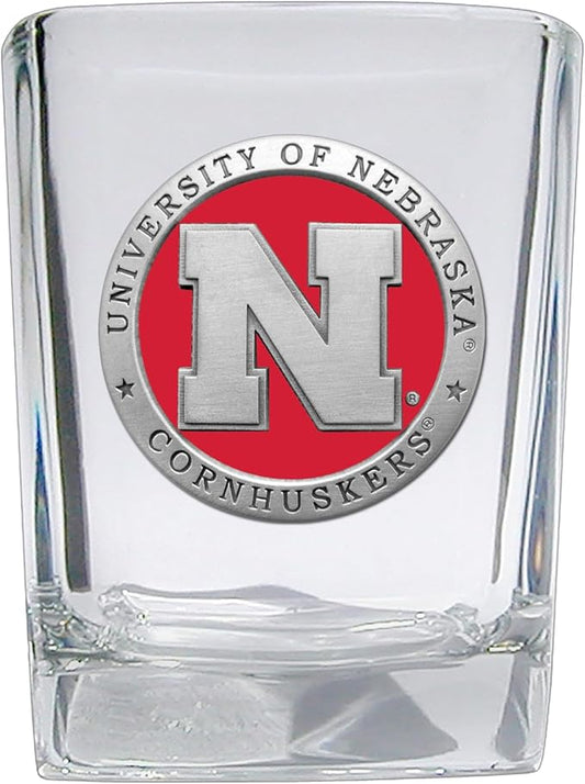 Heritage Pewter Nebraska Square Shot Glass | Hand-Sculpted 1.5 Ounce Shot Glass | Intricately Crafted Metal Pewter Alma Mater Inlay