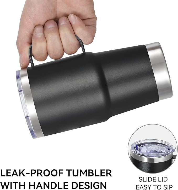 VEGOND 20 oz Tumbler Bulk with Handle Lid and Straw, Stainless Steel Insulated Travel Coffee Mug Set, Spill Proof Double Wall Metal Tumblers Cups, Powder Black 12 Pack