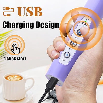 Nahida Light Purple Milk Frother Wand for Coffee, Frother Handheld Rechargeable Electric Whisk with 3 Heads 3 Speeds Drink Mixer Coffee Frother Foam Maker For Latte, Cappuccino, Hot Chocolate, Egg