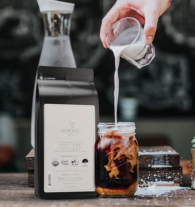 Lifeboost Half Caff Whole Bean Coffee - Non-GMO Low Acid Single Origin USDA Organic Coffee - Third Party Tested For Mycotoxins & Pesticides - 12 Ounces