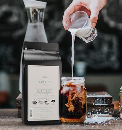 Lifeboost Half Caff Whole Bean Coffee - Non-GMO Low Acid Single Origin USDA Organic Coffee - Third Party Tested For Mycotoxins & Pesticides - 12 Ounces