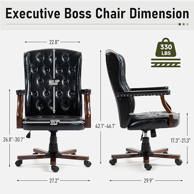 ECOTOUGE Ergonomic Executive Office Chair, Tufted Faux Leather Home Office Desk Chair, Vintage Wingback Swivel Work Chair, Black