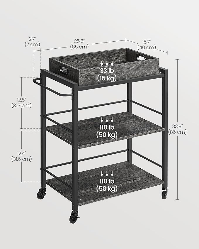 VASAGLE Kitchen Serving Cart with Removable Tray, 3-Tier Kitchen Utility Cart on Wheels with Storage, with Brakes, Leveling Feet, 15.7 x 28.3 x 33.9 Inches, Charcoal Gray and Black ULRC072B04