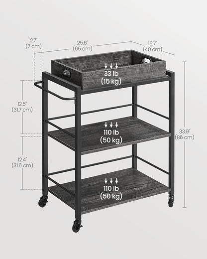 VASAGLE Kitchen Serving Cart with Removable Tray, 3-Tier Kitchen Utility Cart on Wheels with Storage, with Brakes, Leveling Feet, 15.7 x 28.3 x 33.9 Inches, Charcoal Gray and Black ULRC072B04