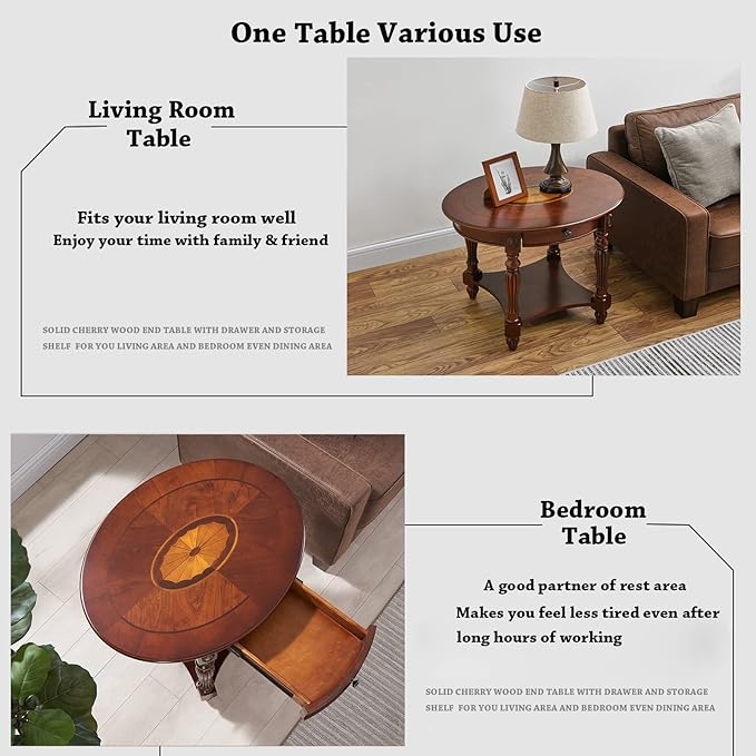 Solid Wood Oval End Table with Drawer and Storage Shelf, Traditional Vintage Side Table Polished Edging Bedside Nightstand for Living Room Bedroom Home, Cherry Walnut