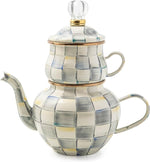 Load image into Gallery viewer, MACKENZIE-CHILDS Enamel High-Tea Teapot, Cup, and Lid, Cute Teapot and Teacup Combo, Gray-and-White Sterling Check