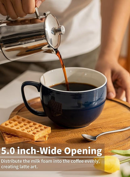 Teocera Porcelain Coffee Mugs, Soup Mugs Bowls with Handle, 24 oz Latte Mugs Set of 4 - Striped Design, Navy