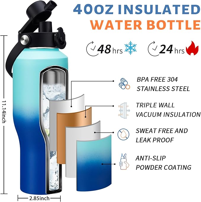 40 oz Insulated Water Bottle Fit in Car Cup Holder - Metal Water Bottle with Straw, Auto Spout Lid, Leakproof T-shape Stainless Steel Tumbler with Lid & Straw, Storage Carrier Bag, Silicone Boot