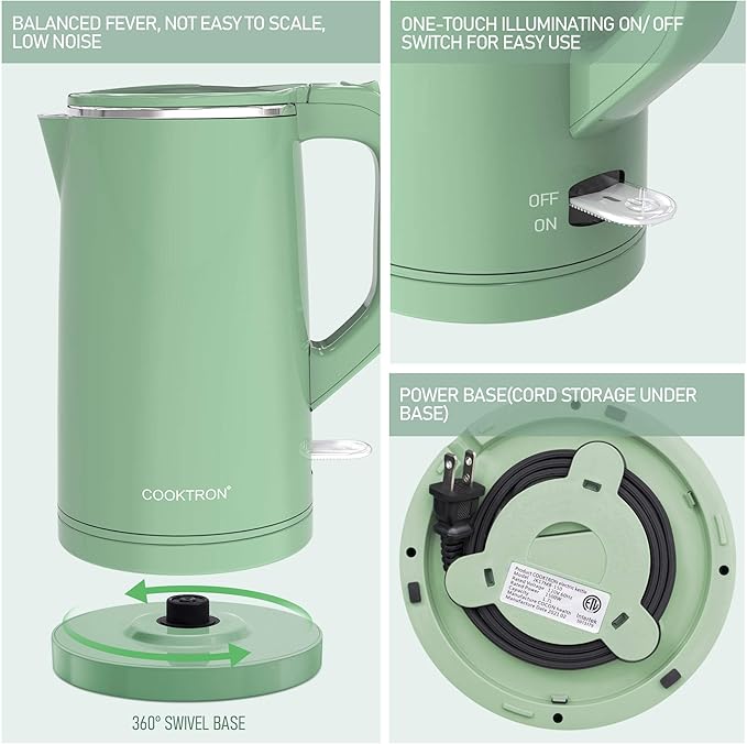 1.7L Electric Kettle Quiet, Double Wall Hot Water Boiler BPA-Free, Quiet Boil and Cool Touch Tea Kettle, Cordless with Auto Shut-Off & Boil Dry Protection, 1500W Fast Boiling, Green