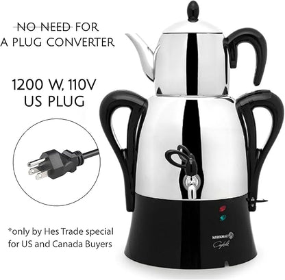 Korkmaz Caykolik A341-14 Stainless Steel Samovar, Upper Pot 1.1 L (37.1 Oz), Bottom Pot 3 L (101.4 Oz) Electric Turkish Tea Maker Set, Double Pots, Inox, Chrome, Black 110 V US Plug, 4.3- Quart