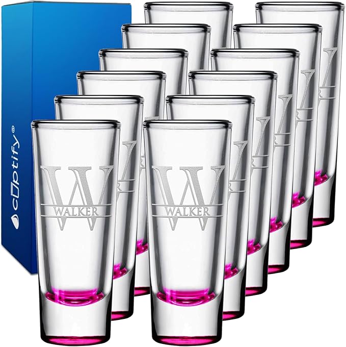 Personalized Shot Glasses Set of 12 Pink Bottom Custom 2 oz Cordial Shot Glass Initial and Name for Gifts, Weddings, Birthdays, Party, Event, Decorations