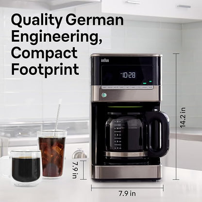 Braun BrewSense 12 Cup Drip Coffee Maker - Pause & Pour Mid Brew, Coffee Machine with 24-Hour Timer & Clock, Bold & Regular Strength, 1-4 Cup Functions, Self Clean, Auto Shutoff, Stainless Steel