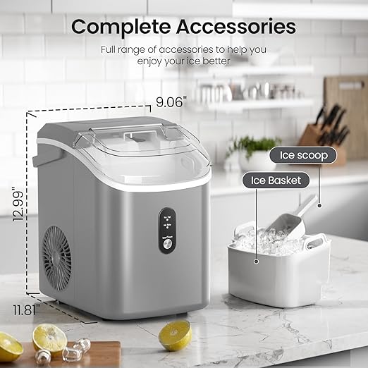 Nugget Ice Maker Countertop with Self-Cleaning Function, Sonic Ice Maker Machine with Handle, 35lbs/Day, Compact Design for Home/Office Use(Grey)