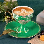 Load image into Gallery viewer, KAMMAK Ceramic Coffee Cups and Saucers Set of 2, Porcelain Espresso Cups with Saucers, 7.7 oz Handcrafted Ceramic Floral Coffee and Tea Cup, Vintage Drinkware for Tea Party, Office, Women Gifts