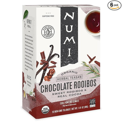 Numi Organic Chocolate Rooibos Tea, 16 Tea Bags (Pack of 6), Red Tea with Cocoa, Honeybush & Vanilla (Packaging May Vary)