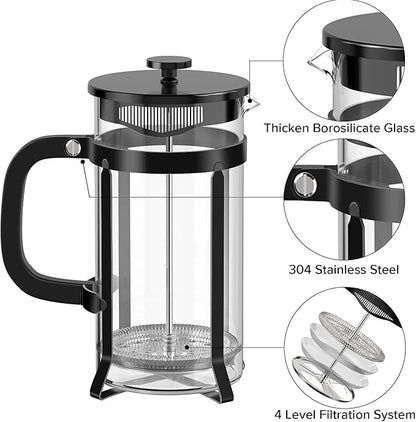 QUQIYSO French Press Coffee Maker 304 Stainless Steel French Press with 4 Filter, Heat Resistant Durable, Easy to Clean, Borosilicate Glass Coffee Press, 100% BPA Free Glass Teapot, 21 ounce, Black