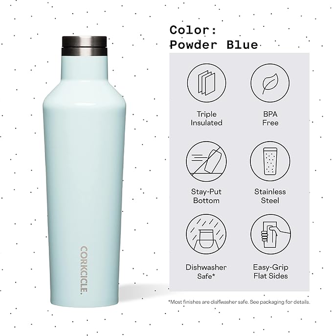 Corkcicle Classic Canteen Insulated Tumbler, Gloss Powder Blue, 25 oz – Reusable Water Bottle Keeps Beverages Cold for 25 Hours & Hot 12 Hours – Cupholder Friendly Tumbler with Screw-On Cap