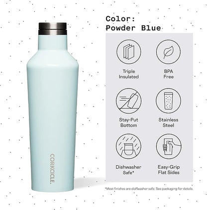 Corkcicle Classic Canteen Insulated Tumbler, Gloss Powder Blue, 25 oz – Reusable Water Bottle Keeps Beverages Cold for 25 Hours & Hot 12 Hours – Cupholder Friendly Tumbler with Screw-On Cap
