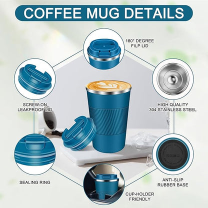 Coffee Travel Mug 12 oz & 17 oz Insulated Coffee Mug with Lid Portable Spill-Proof Coffee Travel Mug No Handle Reusable Stainless Steel Mug Keeps Cold and Hot Suitable for Car, Daily, Travel and Gifts