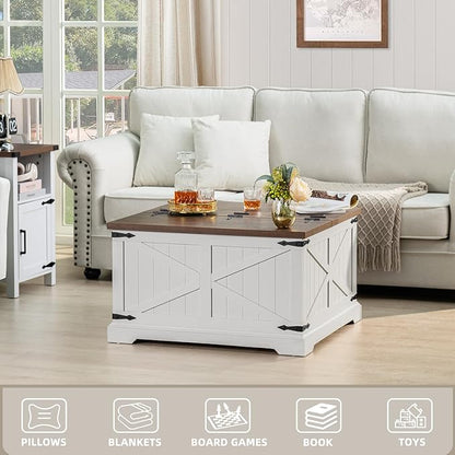 Farmhouse Coffee Table with Large Hidden Storage Compartment, Antique White Square Center Table, Wood Rustic Low Modern Living Room Tables with Hinged Lift Brown Top & Wooden Arc Base